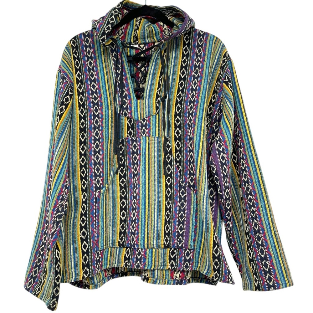 Baja Hoodie Pullover 1/4 Lace Up Front Women L Kangaroo Pocket Multicolor Unisex